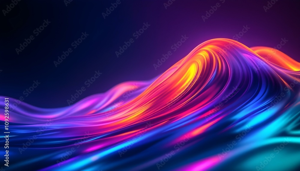Leinwandbilder Abstract dark holographic iridescent neon background fluid liquid glass curved wave in motion 3d render background. Modern glowing neon wave line pattern on a dark abstract background