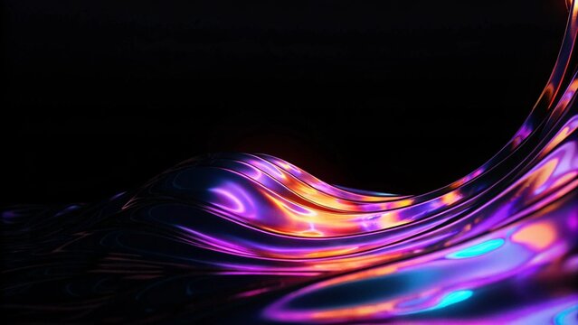 Abstract dark holographic iridescent neon background fluid liquid glass curved wave in motion 3d render background. Modern glowing neon wave line pattern on a dark abstract background