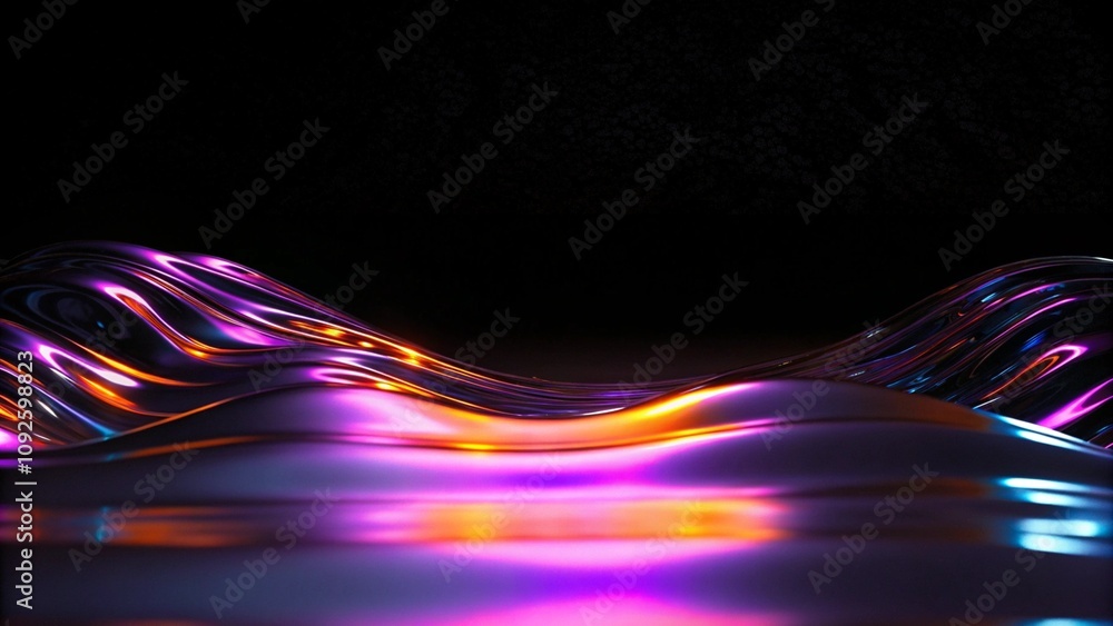 Poster Abstract dark holographic iridescent neon background fluid liquid glass curved wave in motion 3d render background. Modern glowing neon wave line pattern on a dark abstract background