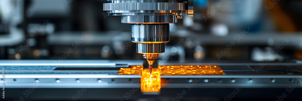 Poster close-up view of a laser cutting machine precisely cutting through a metallic surface in a high-tech