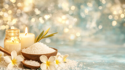  sea salt with candle and flowers for spa treatment with copy space and blurred background