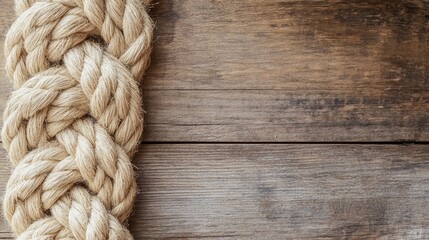 Fototapeta premium Close-up of Braided Natural Rope on Wooden Surface
