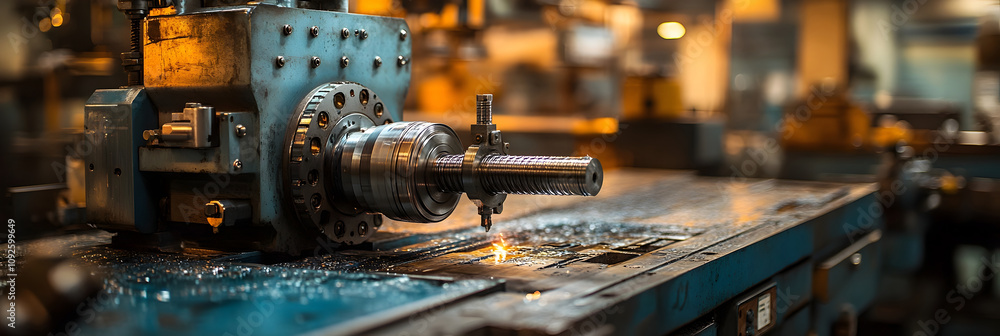 Aufkleber close-up view of a metalworking machine,such as a lathe or grinding tool,operating in an industrial 