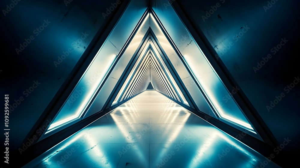 Poster 3d render of futuristic triangular corridor with glowing blue lights, abstract background