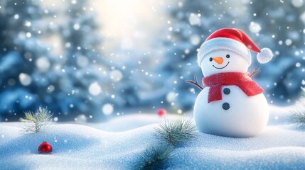 Fototapeta premium Christmas Winter Background with Snowman in Snowy Forest and Clear Sky