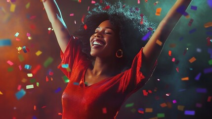 Obraz premium Happy Black Woman Dancing Under Colorful Confetti on Festive Celebration