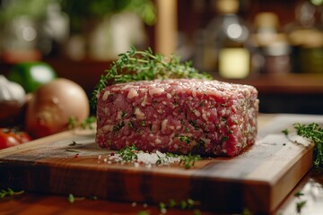 Fresh ground meat with herbs and spices on a wooden cutting board.