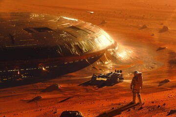 Fototapeta premium illustration astronaut first steps on mars surface