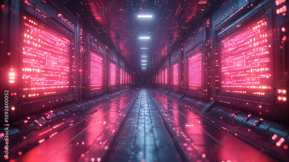 Poster futuristic corridor with glowing pink lights and data panels in a high-tech environment at night. ge