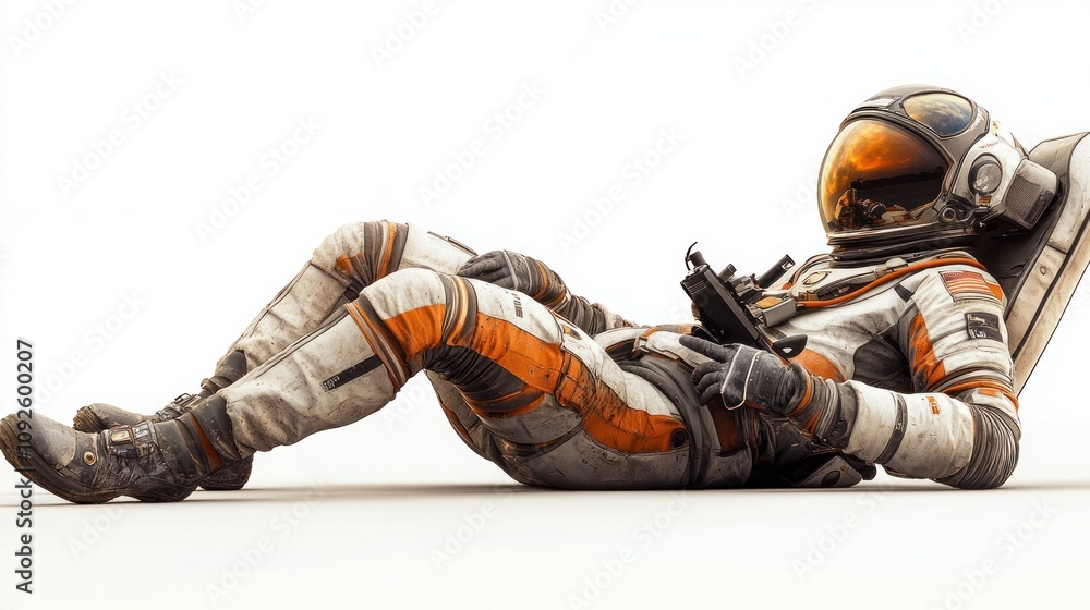 Poster an astronaut reclines in a futuristic suit, holding a device in a minimalist environment.