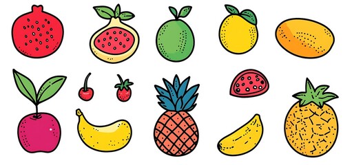 Set of Cute Cartoon Fruits, Hand-Drawn Doodle Style Vector Illustration with Pomegranate, Mango, Watermelon, Orange, Apple, Papaya, Pineapple, Lemon, Cherry, Banana, Avocado, Strawberry, Peach, Flat C
