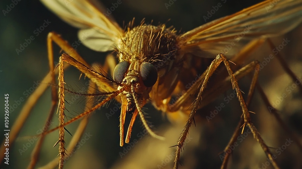 Poster a close-up view of a mosquito highlighting its intricate features and structure.