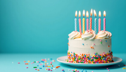 Birthday Cake with Colorful Candles and Sprinkles