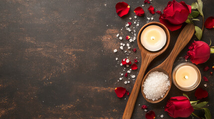  Sea salt in Wooden spoon with candle and flowers for spa treatment on dark background