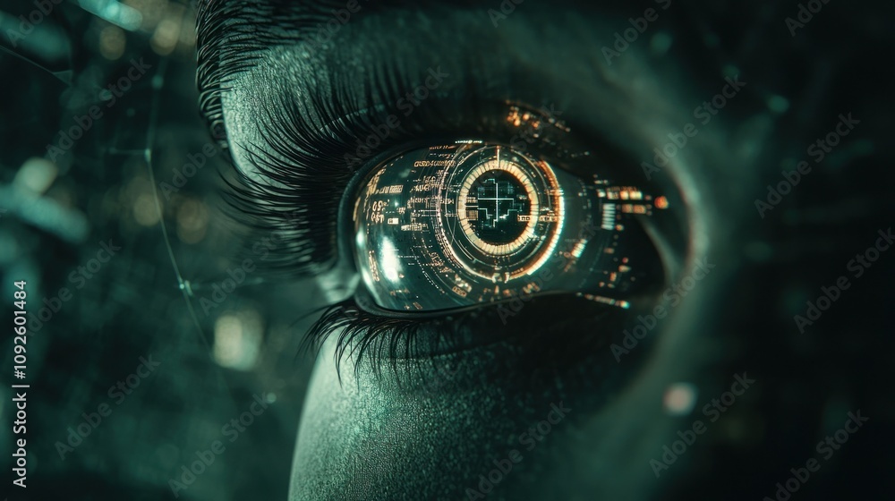 Poster a close-up of a futuristic eye with digital elements reflecting technology and data.