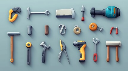 High-detail 3D vector cartoon icons of a set of tools: planer, saw, pliers, screwdriver, vise, drill, hammer, and adjustable wrench, bright design