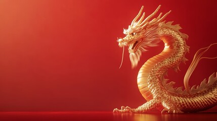 Obraz premium Golden Crystal Dragon Statue With Intricate Details on Bright Red Background