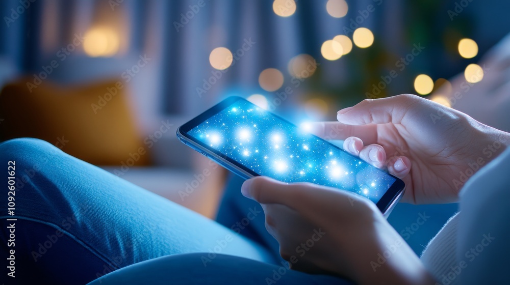 Poster hands using smartphone with glowing stars and blurry background in cozy night atmosphere, soft light