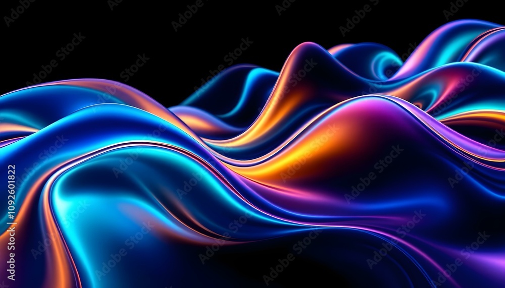 Poster Abstract fluid 3d renders holographic iridescent neon curved waves in motion on a dark background. Gradient design element for banners. Modern colorful flow poster. Wave Liquid shape color background
