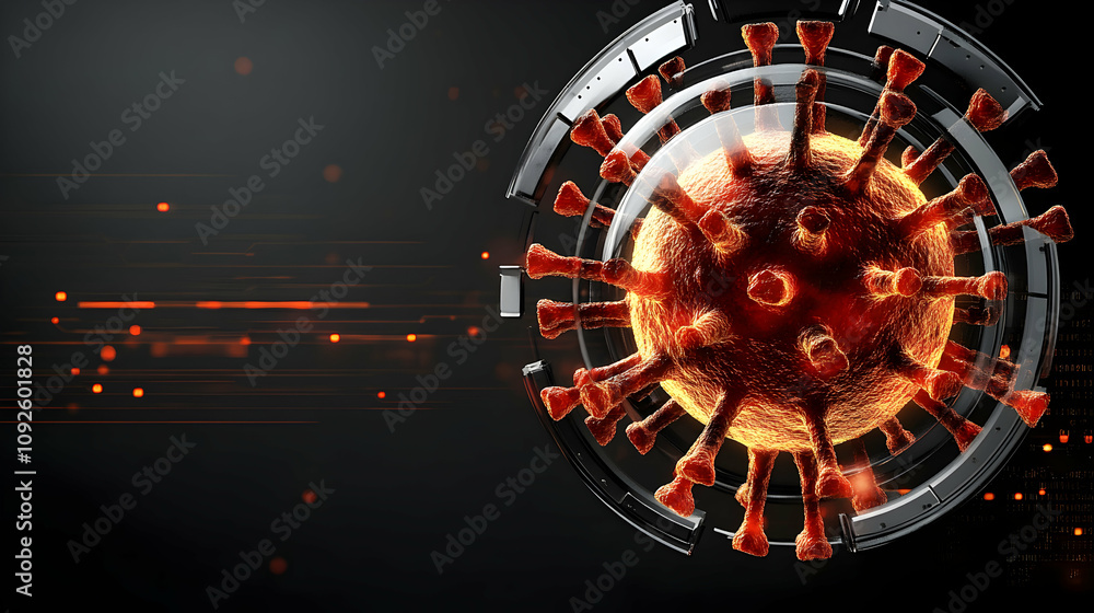 Aufkleber 3d render of virus particle enclosed in futuristic tech frame, glowing orange, dark background