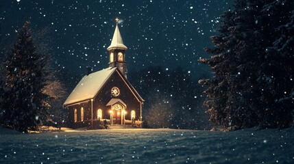 A quiet Christmas Eve midnight, traditional candlelight service inside a quaint chapel, snow falling gently outside, hearts warmed by the spirit of the season