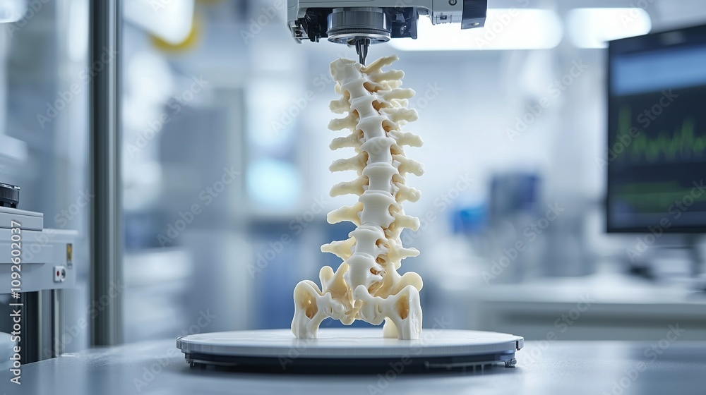 Poster 3d printed spine model in lab highlights advancements in tissue engineering and bone printing techno