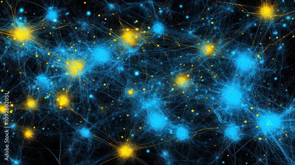 Aufkleber Abstract representation of interconnected networks with blue and yellow nodes on a dark background.