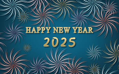 Happy New Year 2025 Golden Lettering and Fireworks on Blue Gradient Background. Holiday Design for Flyer, Greeting Card, Banner, Celebration Poster.