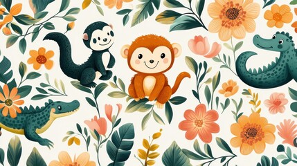 Obraz premium Playful jungle animals like monkeys, sloths, and crocodiles in a vibrant floral setting. Fun and cheerful vector illustration