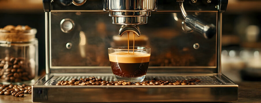 Espresso Machine Pouring Rich Coffee into Glass, Surrounded by Beans