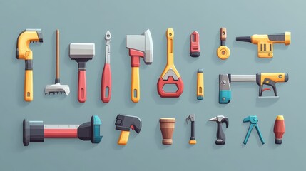 Obraz premium High-detail 3D vector cartoon icons of a set of tools: planer, saw, pliers, screwdriver, vise, drill, hammer, and adjustable wrench, bright design
