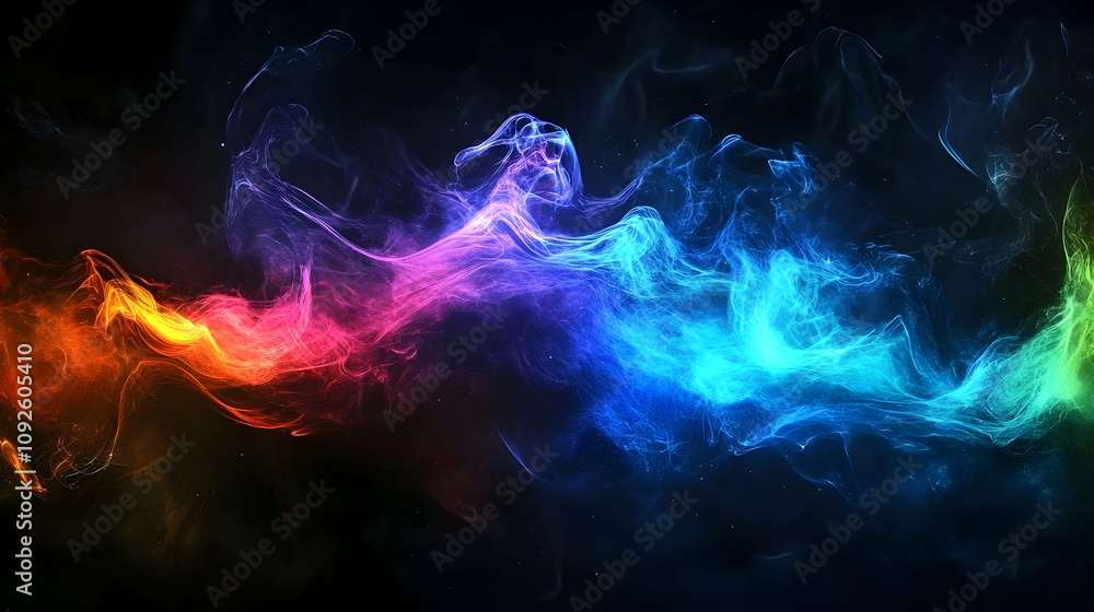Poster abstract colorful energy flows dynamically across dark background, creating a vibrant, glowing nebul
