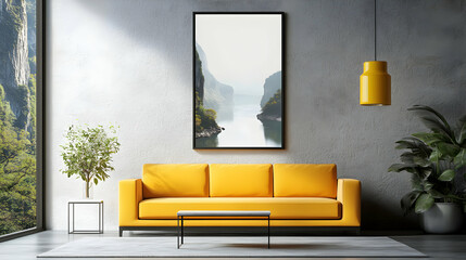 3D Render of a Mustard Yellow Sofa in a Modern Living Room with a Landscape Canvas, Accented by Greenery
