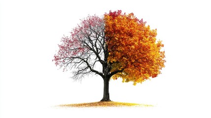 A single tree, one side showing a skeleton-like structure of branches and the other covered in vibrant autumn leaves, isolated on white