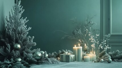 Cool green tones in a Christmas setting with frosted decorations and shimmering lights creating a peaceful winter atmosphere with an elegant and refreshing holiday vibe