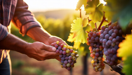 Manos de un agricultor examinando un racimo de uvas durante la vendimia