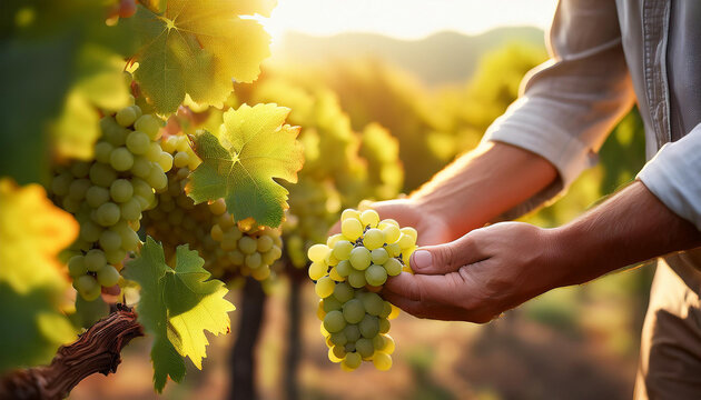 Manos de un agricultor examinando un racimo de uvas durante la vendimia