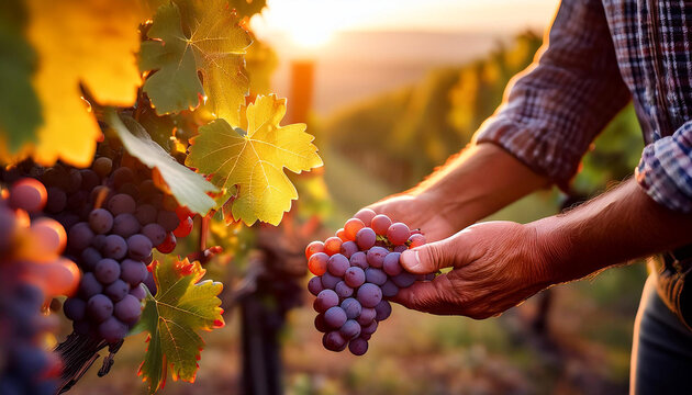 Manos de un agricultor vendimiando en el campo con un racimo de uvas maduras en un viñedo con luz de atardecer durante la vendimia