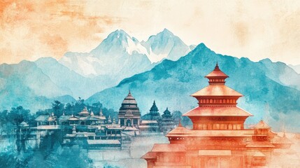 A spring-themed Kathmandu calendar with pastel illustrations of the Himalayas and cultural landmarks like the Patan Durbar Square.
