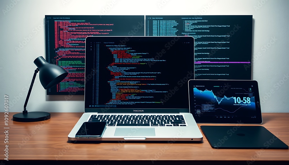 Aufkleber a minimalistic workspace wallpaper with a laptop, smartphone, and tablet neatly arranged on a desk, 