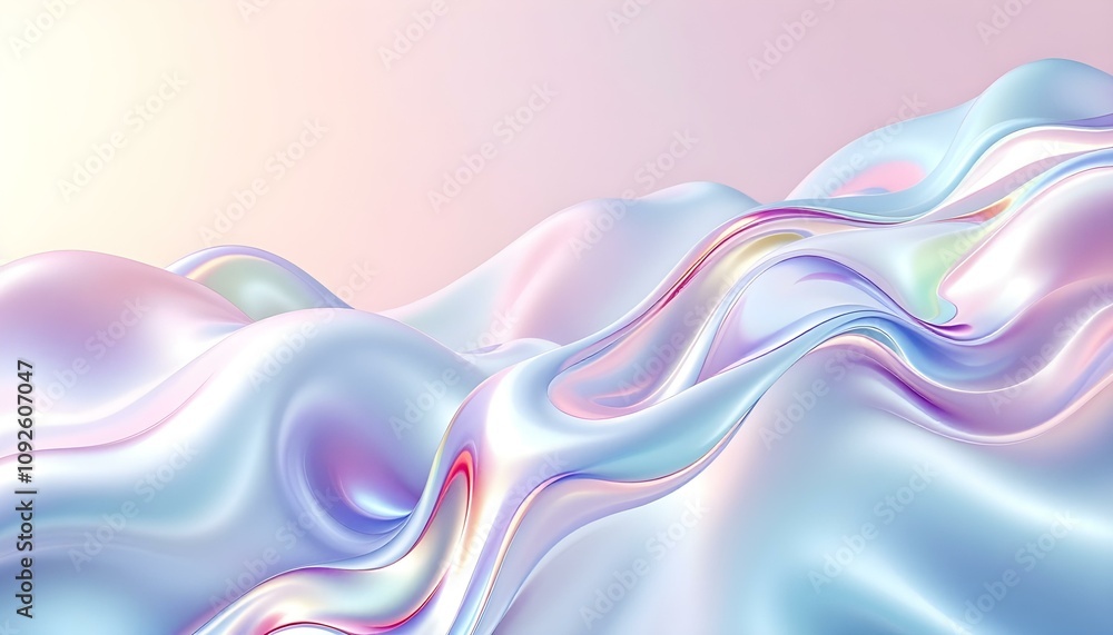 Poster Abstract fluid 3d renders holographic iridescent neon curved waves in motion light dynamic background. 3d render of colorful abstract waves, glowing light effect on a dark background, glowing fluid