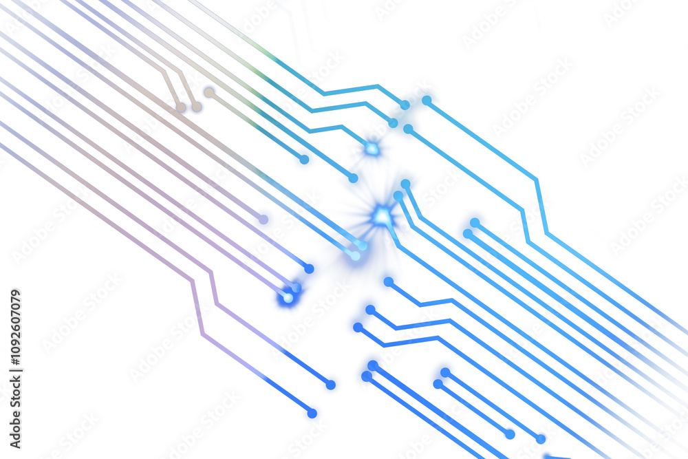 Poster Abstract illustration of blue circuit lines with glowing nodes, dynamic design on a white background. Concept of technology, data, and connectivity