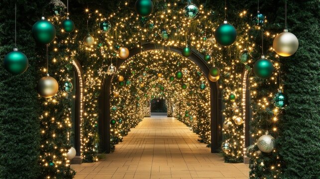 Rich green Christmas decor with lush garlands and vibrant ornaments adding elegance and warmth to the festive scene glowing softly under a canopy of holiday lights