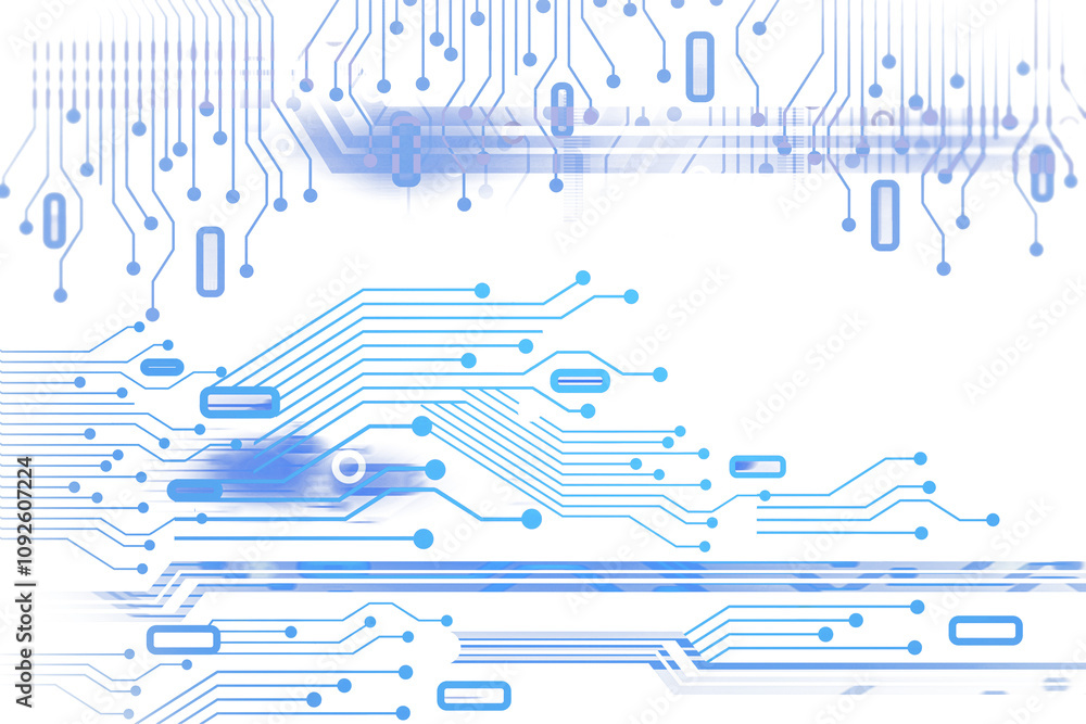 Poster abstract blue circuit board design with interconnected lines, nodes, and components, arranged on a w
