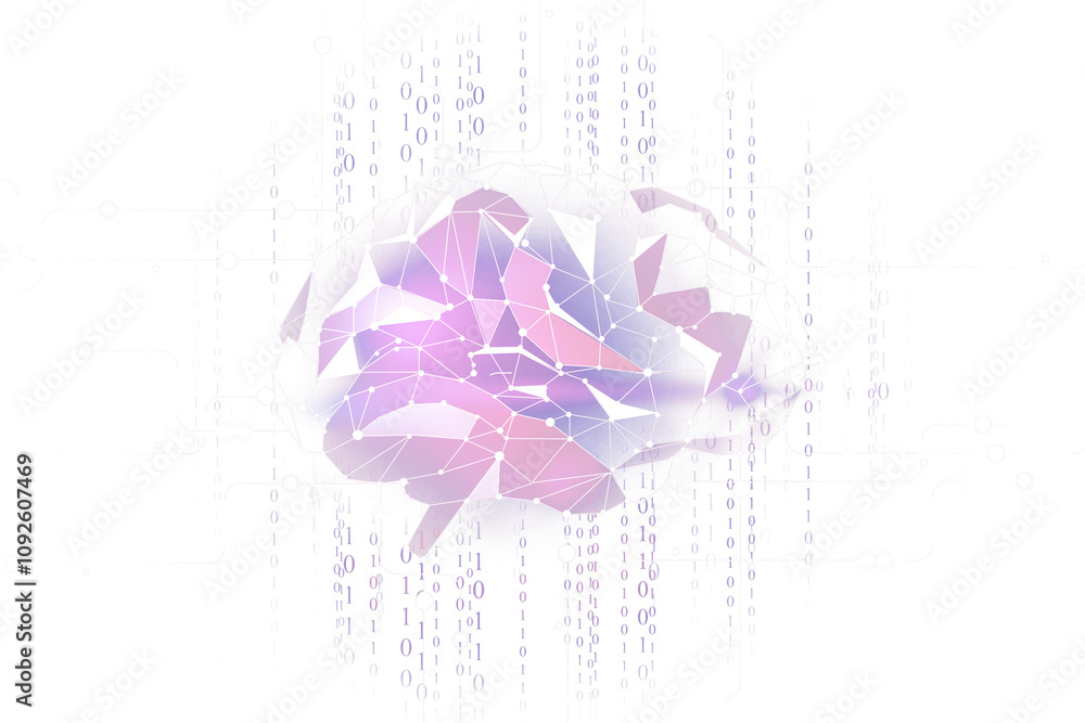 Poster Abstract geometric brain design with purple hues, digital network connections, binary code overlay, isolated on white background, concept of technology