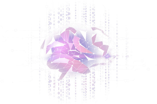 Abstract geometric brain design with purple hues, digital network connections, binary code overlay, isolated on white background, concept of technology