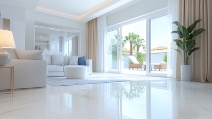 Naklejka premium Modern and Elegant Living Room Design with Large Windows Overlooking Outdoor Patio and Tropical Plants in Bright and Airy Space