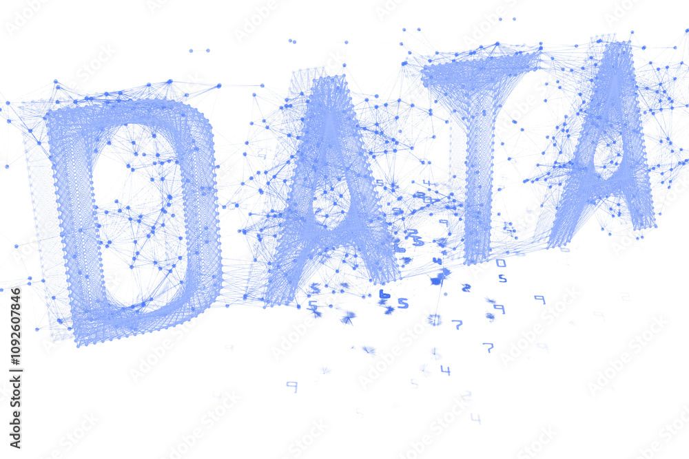 Poster abstract visualization of the word data formed with interconnected nodes and lines, in blue tones, i