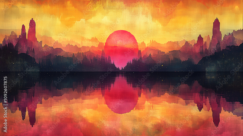 Poster vibrant sunset reflected on a calm lake with colorful mountains in the background at twilight. gener