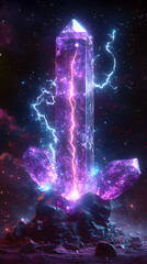 3D Render of a Glowing Purple Crystal with Lightning Striking it, Set Against a Dark, Starry Background
